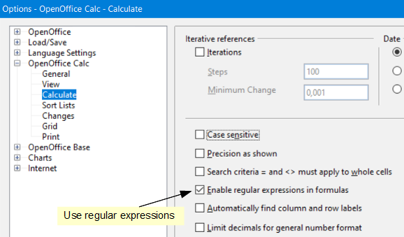 choosing to use regular expressions in Calc functions