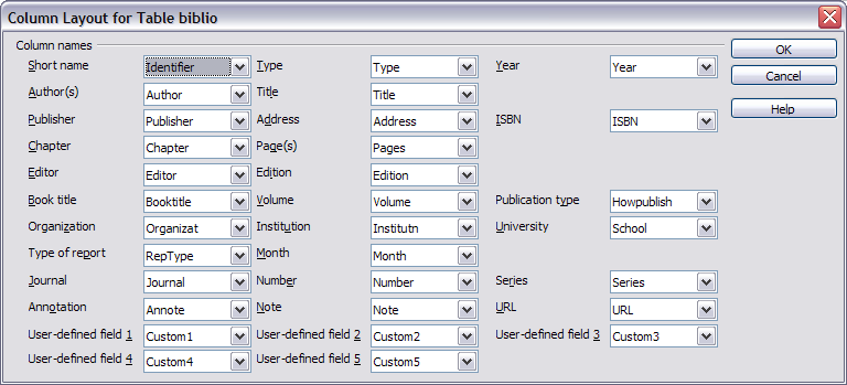 Changing column layout for bibliographic database