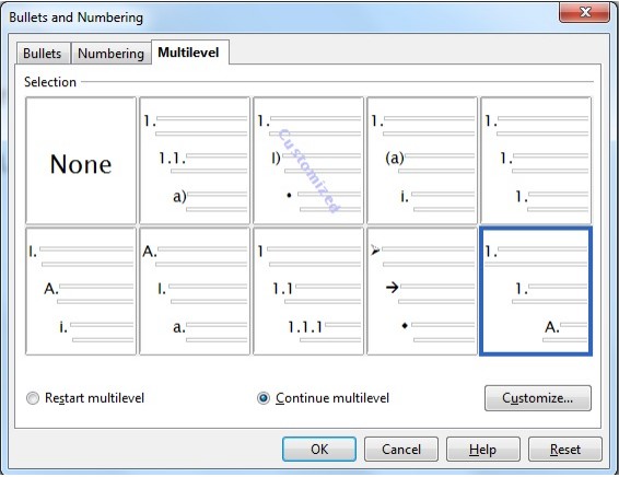 Numbering and Bullets Dialog