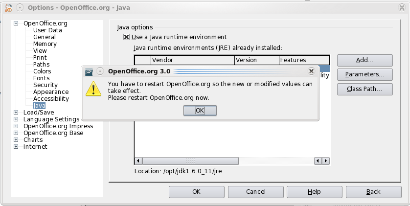 OOo JavaMediaFramework Tools Options Java Restart.png