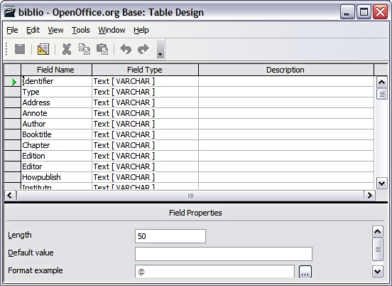 Modify table properties window