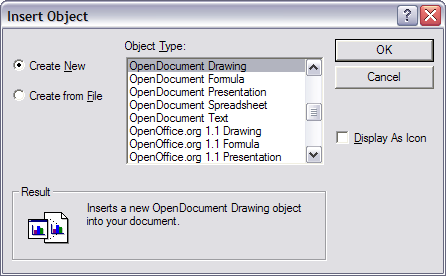 Advanced menu to insert an OLE object under Windows