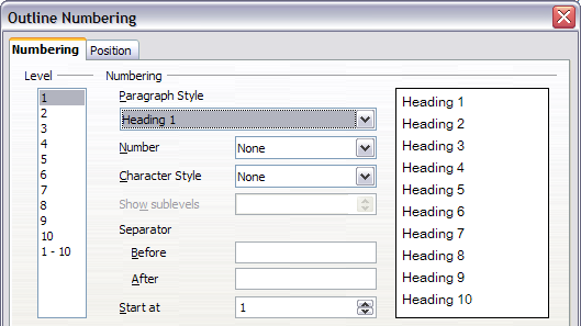 Default settings on the Outline Numbering dialog