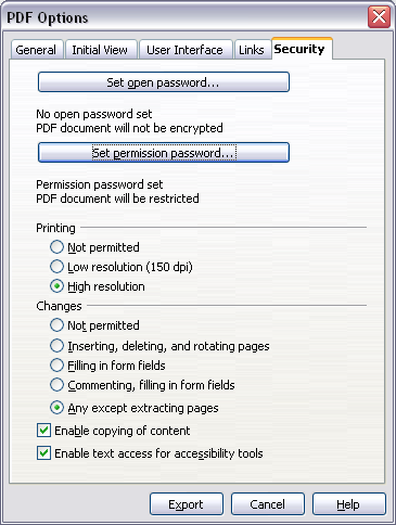 PDF Export Security