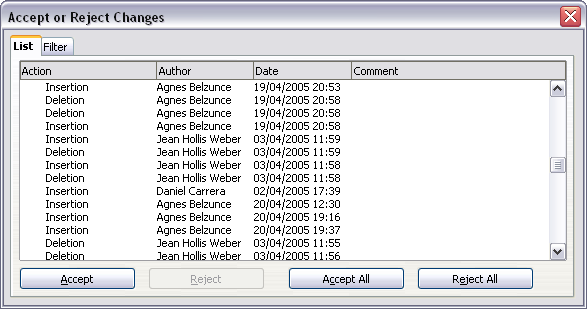 List tab of the Accept or Reject Changes dialog