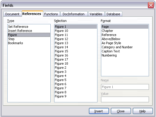 References tab of Fields dialog box
