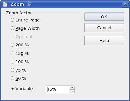 Window to select zoom factor