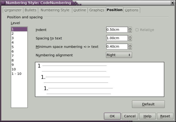 Setting the alignment and indentation for the CodeNumbering style