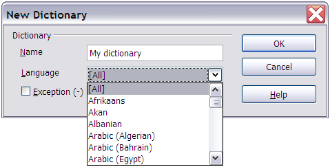 Figure 1: Creating a new dictionary in OpenOffice.org