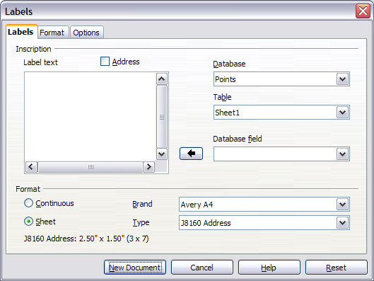 Select Database, Table, label Brand, and label Type