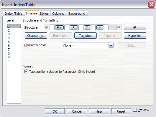 Entries page of Insert Index/Table dialog box