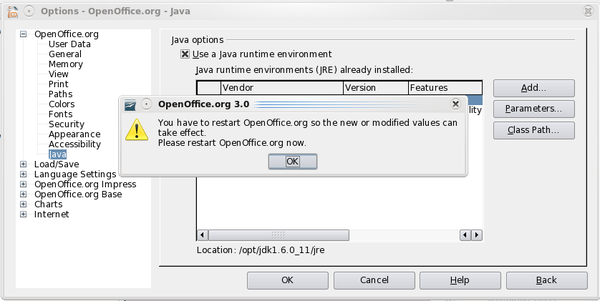 OOo JavaMediaFramework Tools Options Java Restart.png