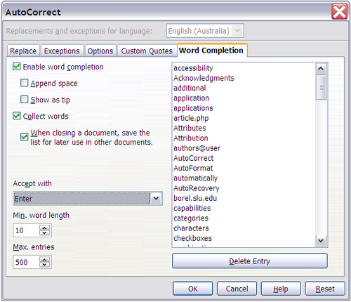 Figure 1: Settings for automatic word completion