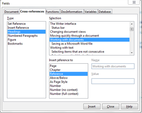 centerFigure 60 : The Cross-references tab of the Fields dialog 